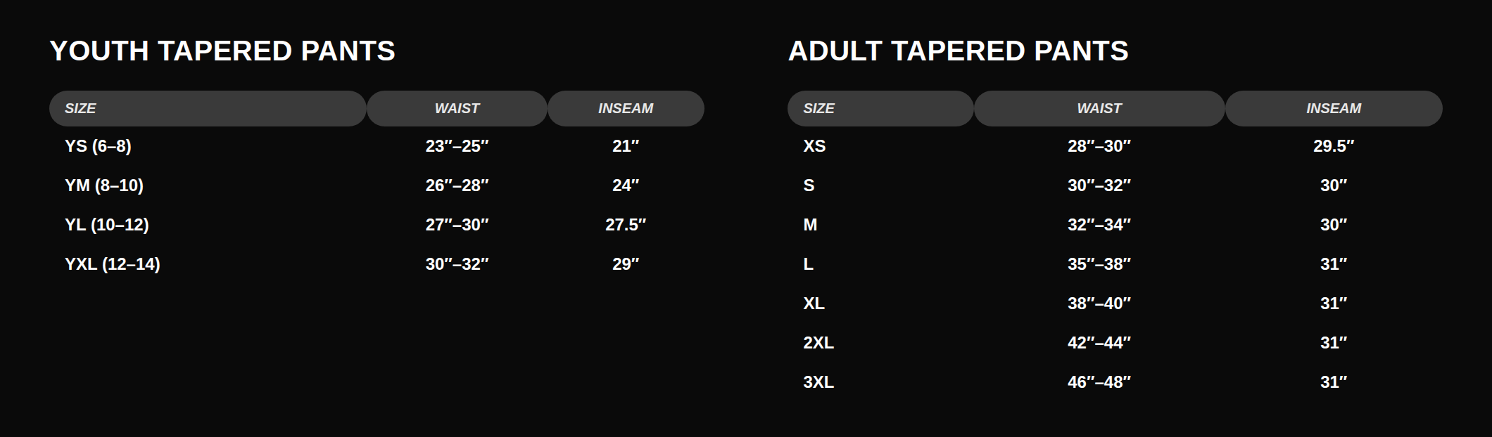 Rockvale youth and adult warm-up pants size chart (waist and inseam)