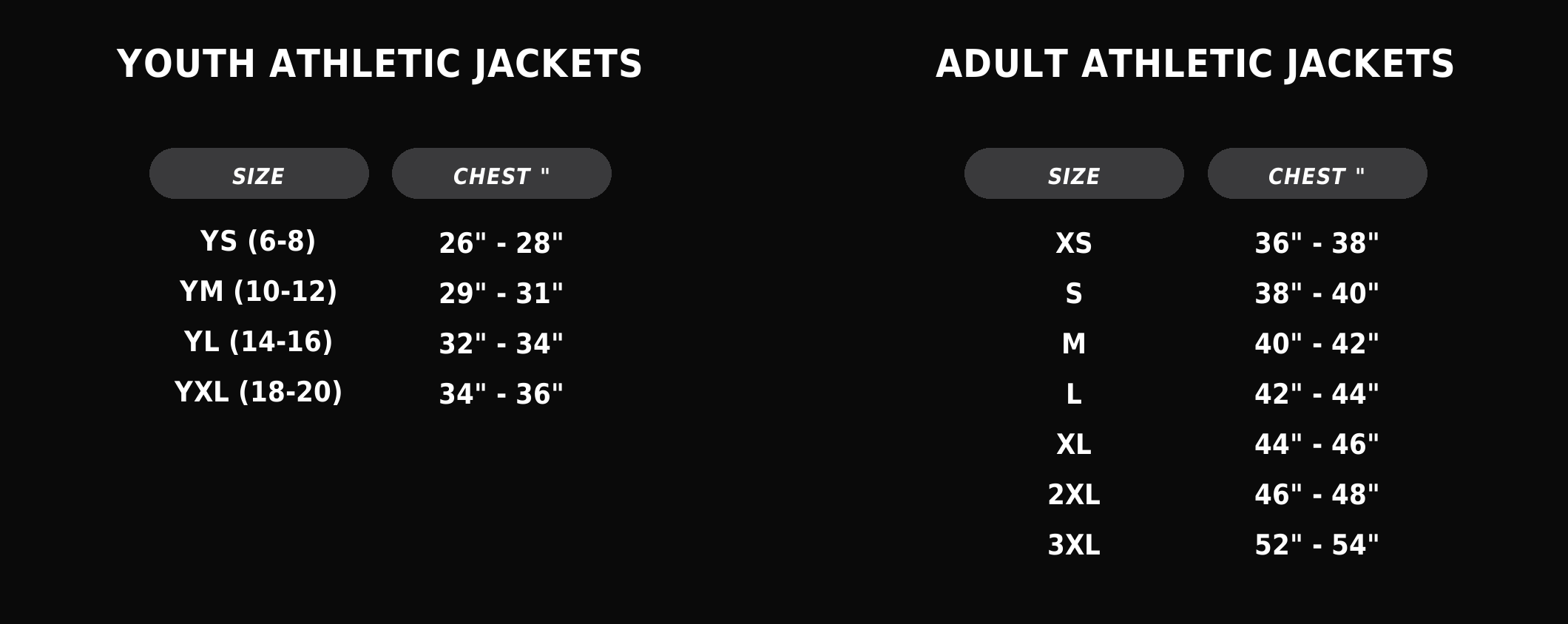 Rockvale youth and adult jacket size chart